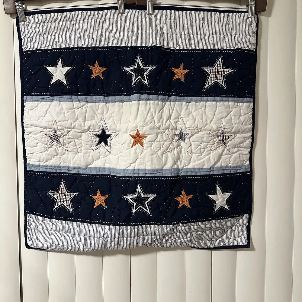 Pottery Barn Kids Star Appliqué Quilt 68x86 + Euro Sham Blue White Discontinued￼